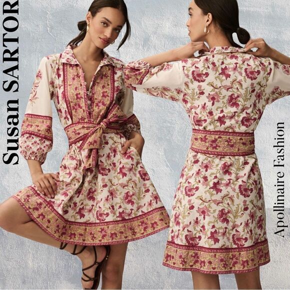 ANTHROPOLOGIE BY SUSAN SARTOR FLOUNCED LONG SLEEVE MINI DRESS PINK COMBO SM NWT